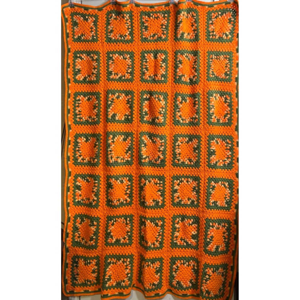 Vtg Granny Square Afghan Crocheted Blanket Orange Green 70s 48x73 Hippie‎ Boho